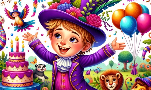 Une illustration pour enfants représentant un petit garçon plein de curiosité, se retrouvant dans une série de situations loufoques et absurdes, dans un monde magique et coloré.
