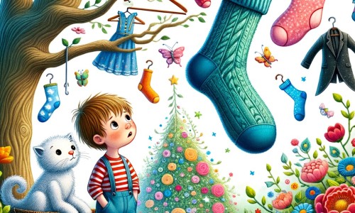 Une illustration pour enfants représentant un petit garçon curieux découvrant des vêtements magiques animés dans le jardin de sa maison.