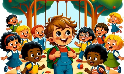 Une illustration pour enfants représentant un petit garçon curieux et enthousiaste, faisant face à la diversité dans une nouvelle école pleine de couleurs et de cultures différentes.