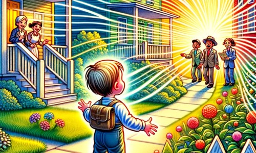 Une illustration pour enfants représentant un petit garçon curieux découvrant la diversité culturelle de ses nouveaux voisins dans un quartier paisible.