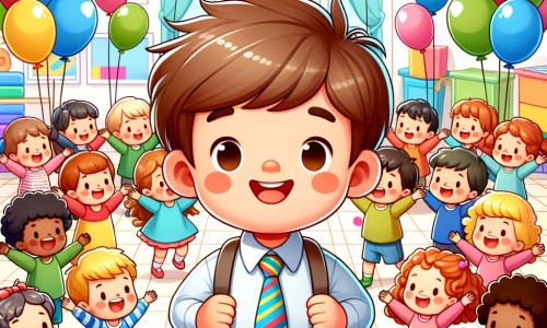 Une illustration destinée aux enfants représentant un petit garçon curieux et souriant, entouré d'enfants de toutes les couleurs, qui danse joyeusement avec eux dans une salle de classe lumineuse et colorée remplie de ballons et de décorations.