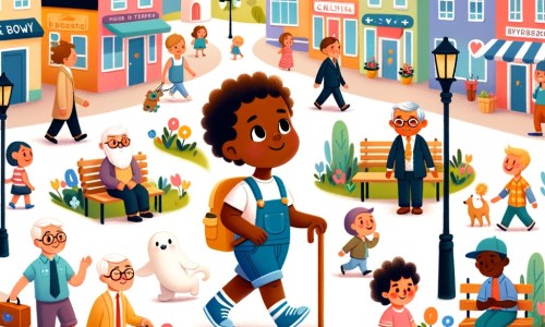 Une illustration pour enfants représentant un petit garçon curieux découvrant la beauté de la diversité dans une petite ville accueillante.