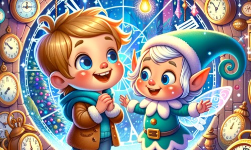 Une illustration pour enfants représentant un petit garçon curieux qui découvre les secrets du décompte du nouvel an lors d'une aventure mystérieuse dans la salle des horloges enchantée.