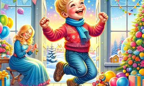 Une illustration destinée aux enfants représentant un petit garçon plein d'énergie, sautillant de joie dans une maison décorée de guirlandes colorées et de ballons, en attendant avec impatience la fête du nouvel an, avec sa maman comme personnage secondaire.
