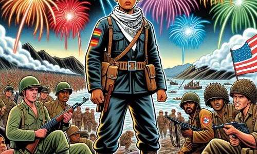 Une illustration pour enfants représentant un jeune homme courageux qui part à la guerre pour défendre son pays, dans un petit village à la campagne.
