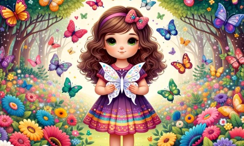 Une illustration destinée aux enfants représentant une petite fille aux cheveux bruns bouclés, vêtue d'une robe colorée, tenant un papillon en papier dans ses mains, entourée de papillons multicolores, dans un jardin enchanté rempli de fleurs aux couleurs éclatantes et d'arbres majestueux.