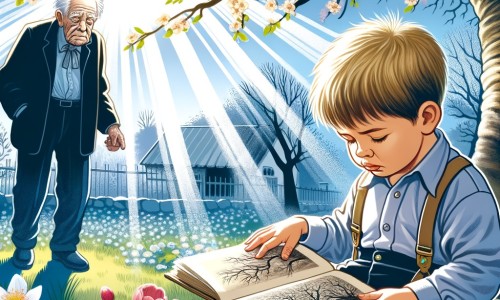 Une illustration pour enfants représentant un petit garçon triste qui apprend que son grand-père bien-aimé est très malade et qui passe du temps avec lui dans le jardin.