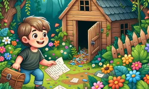 Une illustration destinée aux enfants représentant un petit garçon curieux découvrant un trésor caché dans une vieille cabane abandonnée, accompagné de lettres mystérieuses, dans un jardin luxuriant rempli de fleurs colorées et de plantes souriantes.