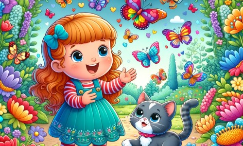 Une illustration destinée aux enfants représentant une petite fille au sourire radieux, accompagnée d'un adorable chaton, découvrant un mystérieux jardin fleuri parsemé de papillons multicolores.