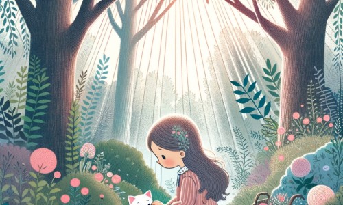 Une illustration destinée aux enfants représentant une petite fille triste, accompagnée de son chat malade, dans un jardin fleuri où les rayons du soleil se faufilent à travers les arbres majestueux.