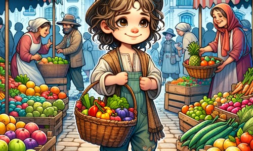 Une illustration pour enfants représentant une petite fille qui vit dans un quartier pauvre et qui va au marché avec sa mère, où elle rencontre une petite fille plus pauvre qu'elle.