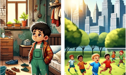 Une illustration destinée aux enfants représentant un petit garçon aux vêtements usés, vivant dans un appartement modeste, accompagné d'un groupe de garçons jouant au football dans un parc verdoyant et ensoleillé au cœur d'une ville animée.