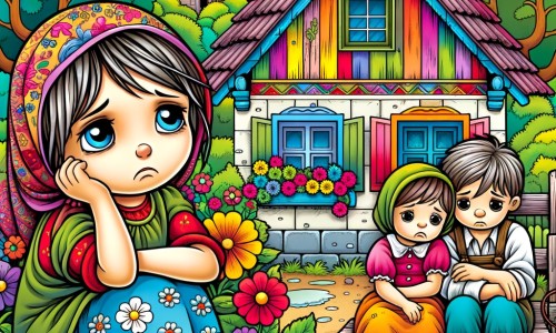 Une illustration destinée aux enfants représentant une petite fille au sourire triste, vivant dans une petite maison aux murs colorés, entourée de fleurs et d'arbres, avec une maman fatiguée et un petit frère plein de vie, tous deux luttant contre les difficultés financières.