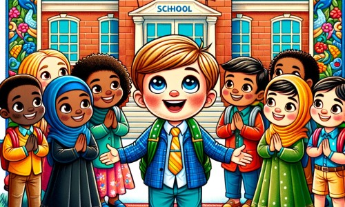 Une illustration destinée aux enfants représentant un petit garçon plein d'excitation, se tenant devant une école colorée et accueillante, entouré de nouveaux camarades de classe et accompagné d'une enseignante bienveillante.