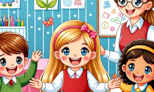 Une illustration destinée aux enfants représentant une petite fille pleine de joie, entourée de ses amis et de sa nouvelle maîtresse, dans une classe colorée et décorée de dessins et de posters éducatifs, célébrant la rentrée des classes.