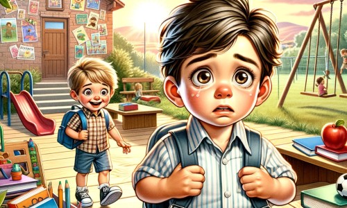 Une illustration pour enfants représentant un petit garçon anxieux à l'idée de sa première journée d'école, dans un décor de campagne.
