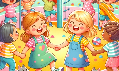 Une illustration destinée aux enfants représentant une petite fille pleine de vie, se faisant de nouveaux amis dans une cour de récréation colorée, où les rires et les jeux résonnent joyeusement.