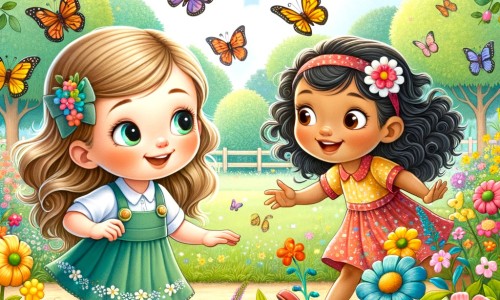 Une illustration destinée aux enfants représentant une petite fille curieuse et pleine de vie, faisant la rencontre d'un enfant différent dans un parc fleuri et coloré, où les papillons virevoltent joyeusement.