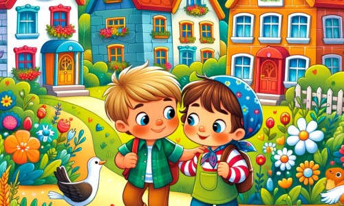 Une illustration destinée aux enfants représentant un petit garçon curieux, accompagné d'un nouveau voisin venu d'un pays lointain, dans un quartier coloré et chaleureux où les maisons sont entourées de jardins verdoyants et fleuris.