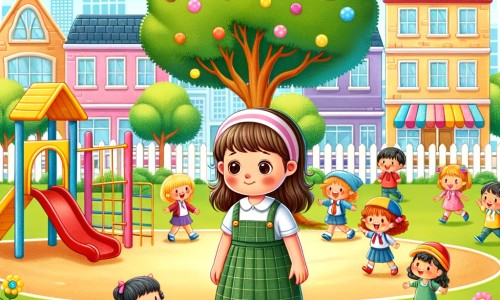 Une illustration destinée aux enfants représentant une petite fille solitaire, qui vient de déménager dans une nouvelle ville, se faisant une amie lors de sa première journée d'école dans une cour de récréation colorée, entourée de joyeux camarades et d'un magnifique arbre aux branches fleuries.