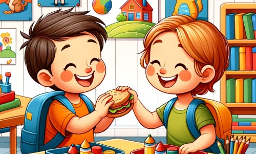 Une illustration destinée aux enfants représentant un petit garçon plein de joie, partageant son déjeuner avec un nouvel ami, dans une salle de classe colorée remplie de livres, de crayons et de dessins accrochés aux murs.