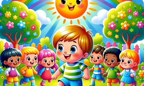 Une illustration destinée aux enfants représentant un petit garçon souriant, entouré de ses amis, jouant au football dans une cour d'école colorée avec des arbres en fleurs et un grand soleil éclatant.