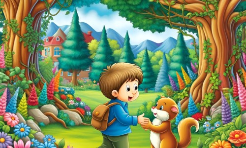 Une illustration destinée aux enfants représentant un petit garçon plein d'enthousiasme, faisant la connaissance d'un nouvel ami timide, dans un jardin luxuriant rempli de fleurs colorées et d'arbres majestueux.