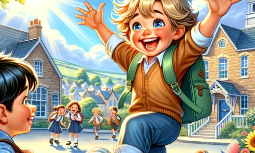 Une illustration pour enfants représentant un petit garçon joyeux et plein d'énergie, qui se fait de nouveaux amis lors de sa rentrée dans une école située dans une charmante ville.