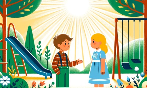 Une illustration destinée aux enfants représentant un petit garçon intrépide, rencontrant une nouvelle amie triste dans un parc ensoleillé rempli de balançoires, toboggans et arbres verdoyants.
