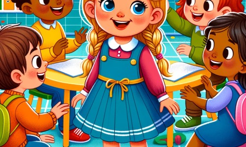 Une illustration destinée aux enfants représentant une petite fille curieuse, accompagnée de ses nouveaux amis, dans une école colorée et animée, où l'amitié s'épanouit.