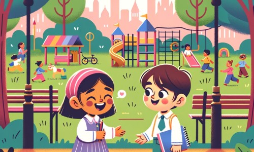 Une illustration destinée aux enfants représentant une petite fille joyeuse qui rencontre un garçon timide dans un parc coloré rempli de jeux et de verdure, où ils deviennent rapidement amis et partagent des moments de jeu et de dessin ensemble.