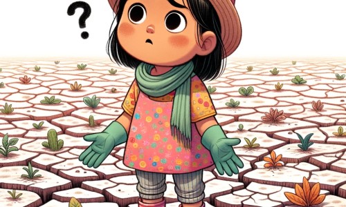 Une illustration pour enfants représentant une petite fille passionnée par le jardinage, confrontée à un sol aride et craquelé, dans un lieu où les plantes peinent à pousser en raison du changement climatique.