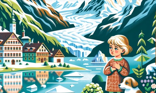 Une illustration destinée aux enfants représentant une petite fille curieuse, observant tristement la fonte des glaciers, accompagnée de son fidèle chien, dans un village pittoresque entouré de montagnes verdoyantes et d'un lac cristallin.