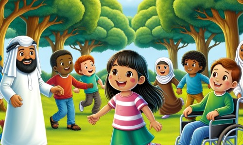 Une illustration destinée aux enfants représentant un joyeux petit garçon, entouré d'amis, jouant au football avec un garçon en fauteuil roulant, dans un parc verdoyant rempli d'arbres majestueux, avec un ciel bleu et lumineux.