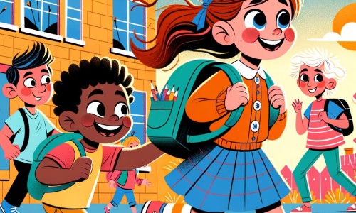 Une illustration destinée aux enfants représentant une petite fille curieuse et pleine d'énergie, confrontée au racisme dans sa nouvelle école, accompagnée de son ami Tony, dans une cour d'école colorée et animée.