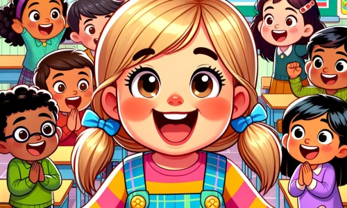 Une illustration destinée aux enfants représentant une petite fille joyeuse dans une salle de classe colorée, accompagnée de ses amis, découvrant une surprise incroyable : une sortie au zoo.