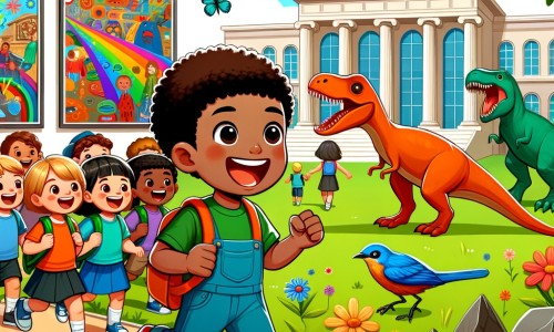 Une illustration pour enfants représentant un petit garçon excité pour une sortie scolaire dans un musée, situé dans un parc.
