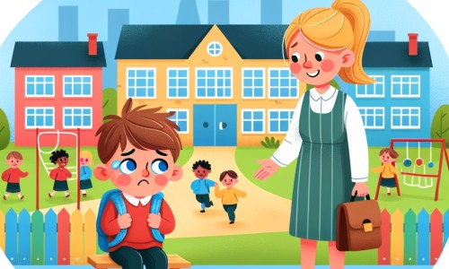 Une illustration pour enfants représentant un petit garçon timide qui doit s'adapter à une nouvelle école dans une ville inconnue.