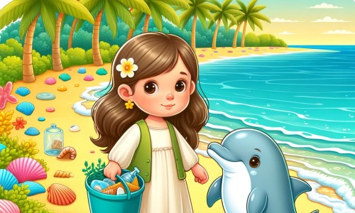 Une illustration pour enfants représentant une petite fille qui déménage dans une maison près de la mer et qui prend soin de l'environnement en nettoyant la plage et en faisant des petits gestes quotidiens.
