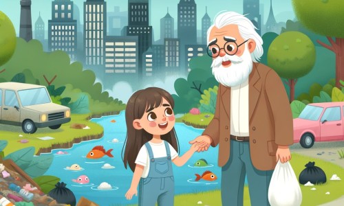 Une illustration destinée aux enfants représentant une petite fille passionnée par la nature, découvrant la pollution avec l'aide d'un gentil monsieur, dans une ville remplie de déchets et de voitures polluantes, entourée de bois et d'une rivière polluée.