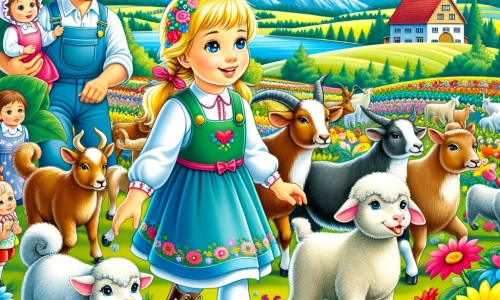 Une illustration destinée aux enfants représentant une petite fille pleine de vie, qui découvre la ferme aux animaux variés et colorés, accompagnée de sa famille, dans un paysage verdoyant avec des fleurs multicolores et un ciel bleu azur.
