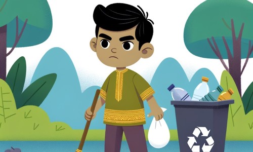 Une illustration pour enfants représentant un petit garçon plein de détermination qui nettoie un parc rempli de déchets pour rendre son environnement plus propre et plus beau.