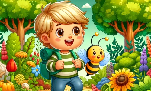 Une illustration pour enfants représentant un petit garçon qui apprend à respecter la nature, dans son jardin coloré rempli de fleurs et d'insectes butineurs.
