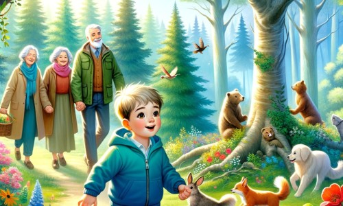 Une illustration pour enfants représentant un petit garçon curieux et aventurier découvrant l'importance de recycler, lors d'une randonnée en montagne avec sa famille.