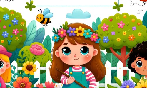 Une illustration destinée aux enfants représentant une petite fille passionnée par l'environnement, qui s'engage à sauver les abeilles avec l'aide de ses amis, dans un jardin coloré rempli de fleurs et de légumes, entouré d'arbres verdoyants et d'oiseaux joyeux.