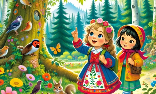 Une illustration pour enfants représentant une petite fille passionnée de nature qui découvre l'écologie lors d'une promenade dans la forêt.