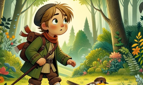 Une illustration destinée aux enfants représentant un petit garçon curieux et déterminé, accompagné d'un oiseau blessé, dans une forêt luxuriante où l'air est chargé d'une odeur étrange.