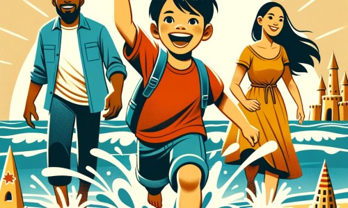 Une illustration pour enfants représentant un petit garçon excité pour les vacances d'été, qui passe du temps à la plage avec sa famille et découvre de nouveaux endroits à la campagne.
