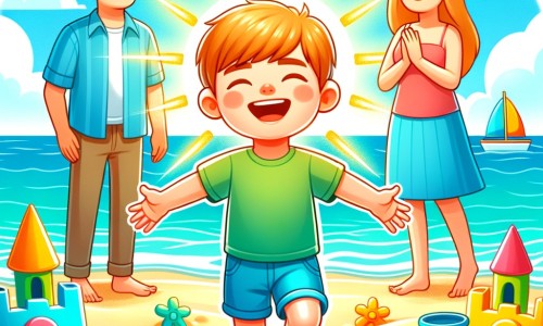 Une illustration destinée aux enfants représentant un petit garçon rayonnant de joie, les pieds dans le sable chaud, accompagné de ses parents, sur une plage ensoleillée bordée d'une mer turquoise et entourée de châteaux de sable colorés.