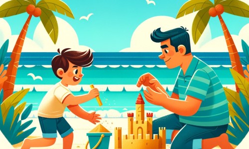 Une illustration destinée aux enfants représentant un petit garçon plein d'enthousiasme, les pieds dans le sable chaud, construisant un château de sable avec l'aide de son papa, sur une plage ensoleillée bordée d'une mer bleu azur et entourée de palmiers majestueux.